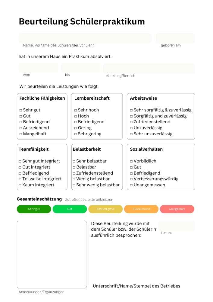 Beurteilung Schülerpraktikum Muster Vorlage kostenlos, Schüler, Praktikumsbeurteilung Variante C