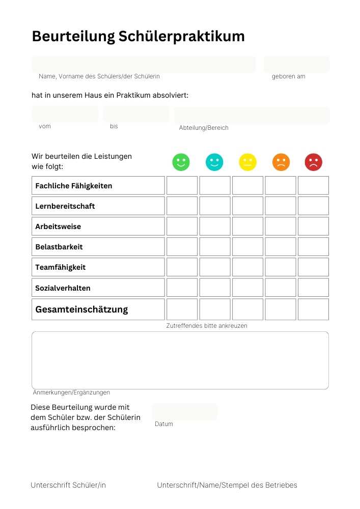 Beurteilung Schülerpraktikum Muster Vorlage kostenlos, Schüler, Praktikumsbeurteilung Variante B