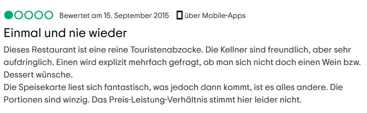Ungenügende Restaurantbewertung
