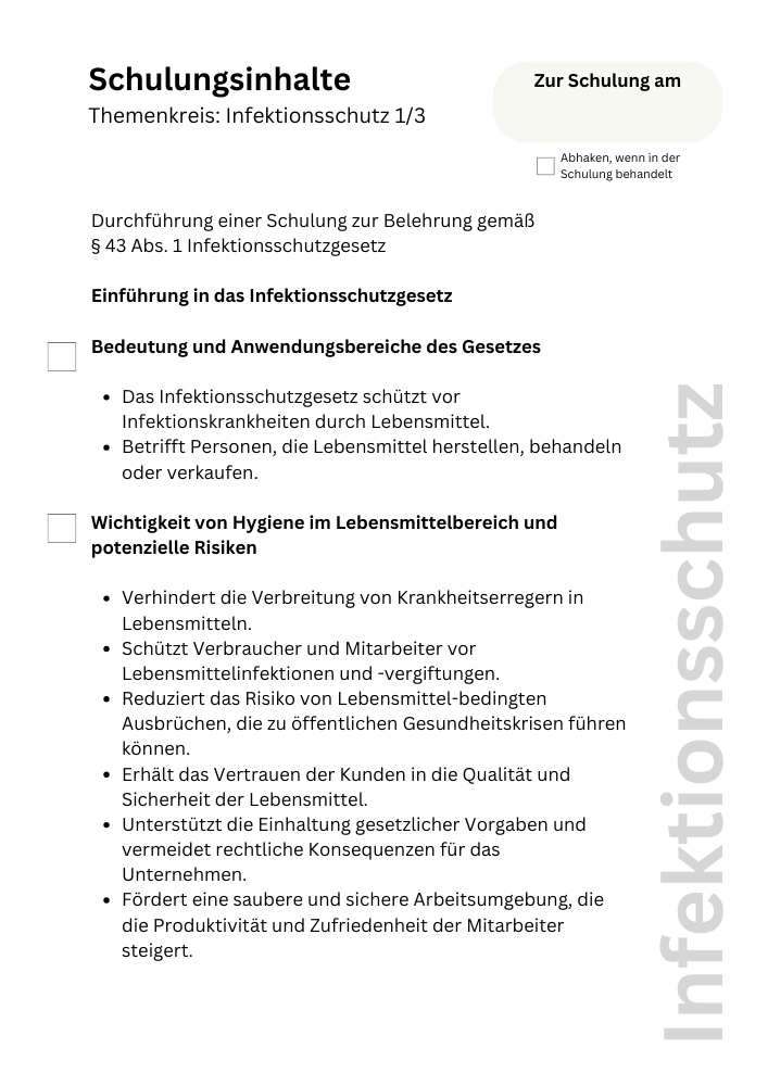 Schulungsinhalte Belehrung gemäß § 43 Abs. 1 Infektionsschutzgesetz
