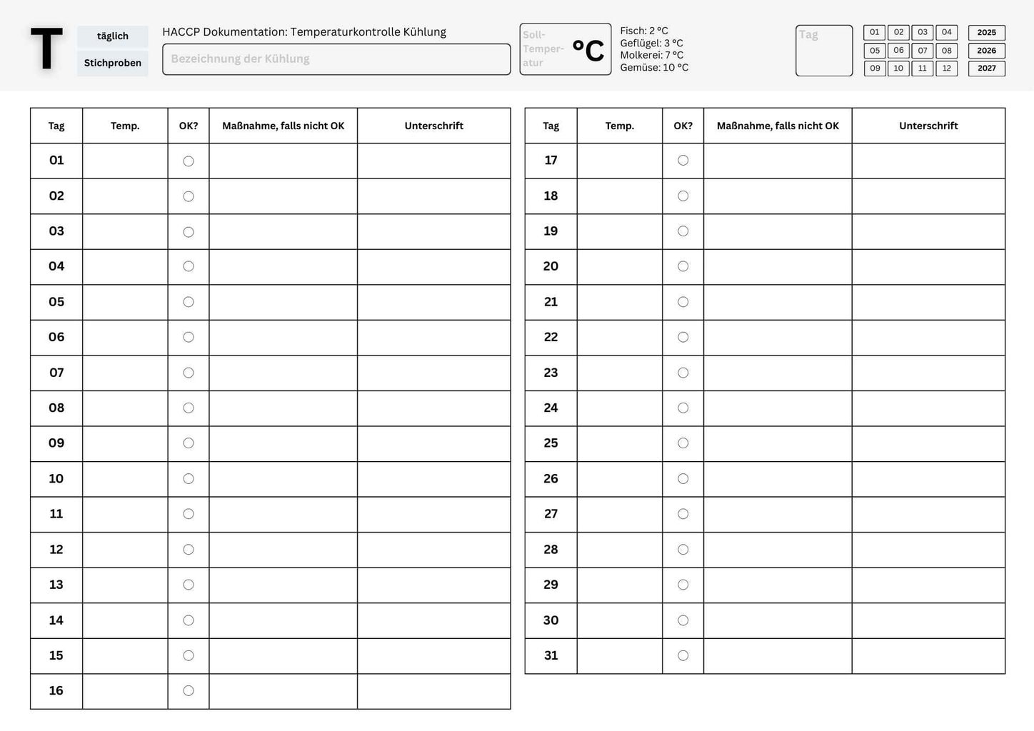 Download HACCP Temperaturkontrolle 1 Kühlung 1 Monat