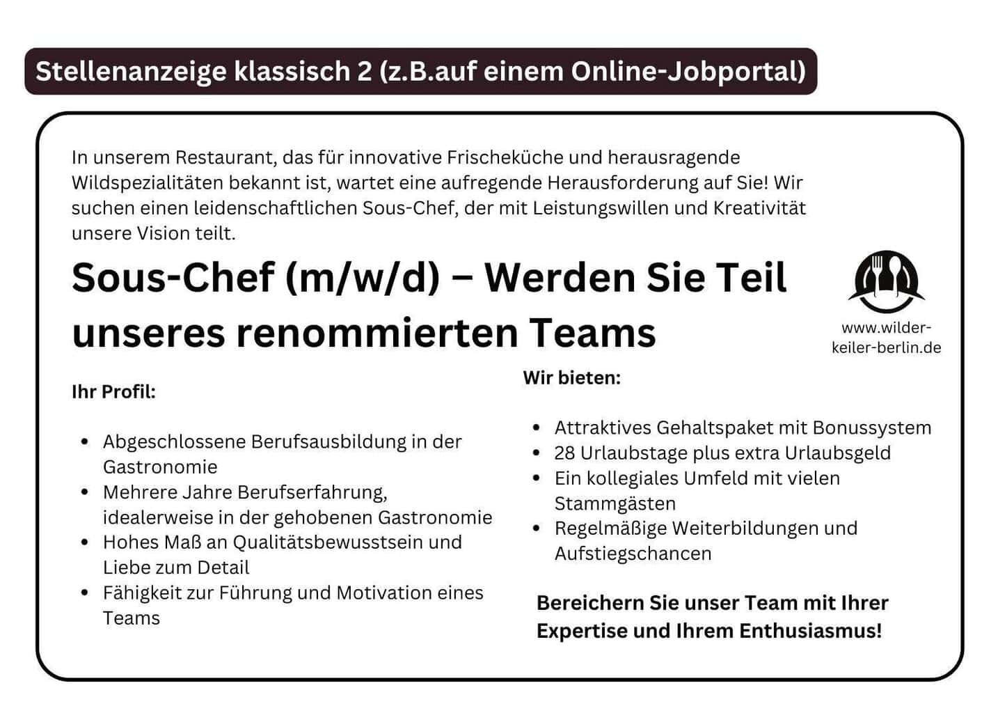 Stellenanzeige Gastronomie Vorlage Muster Beispiel einer klassichen Suche