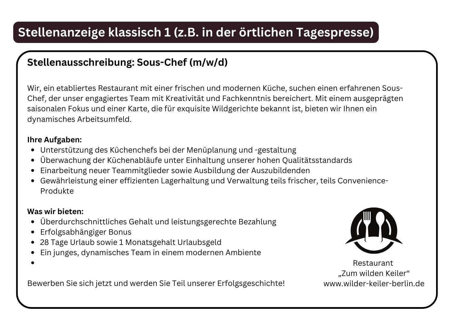 Klassische Stellenauschreibung Beispiel Muster Vorlage für die Gastronomie