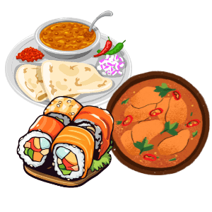 Grafiken von indischen und japanischen Speisen