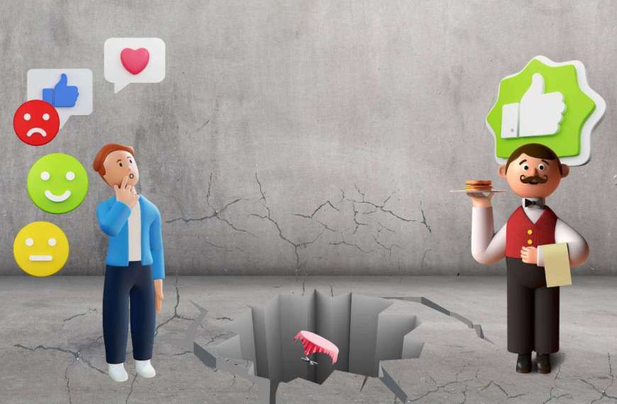 Gästeerwartung - Gast und Kellner neben einem Loch im Boden