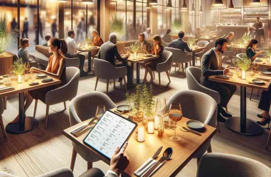 Digitale Speisekarte - Mann sitzt in einem vollen Restaurant und studiert die Speisekarte auf einem Pad