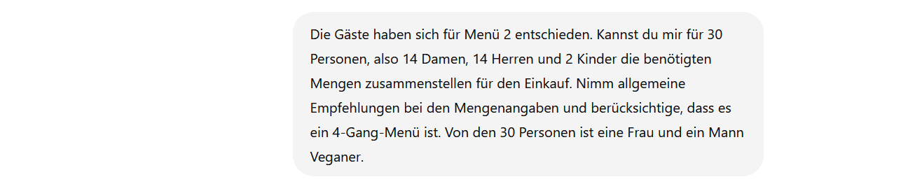 ChatGPT Eingabe zur Berechnung einer Bestellung für Ware