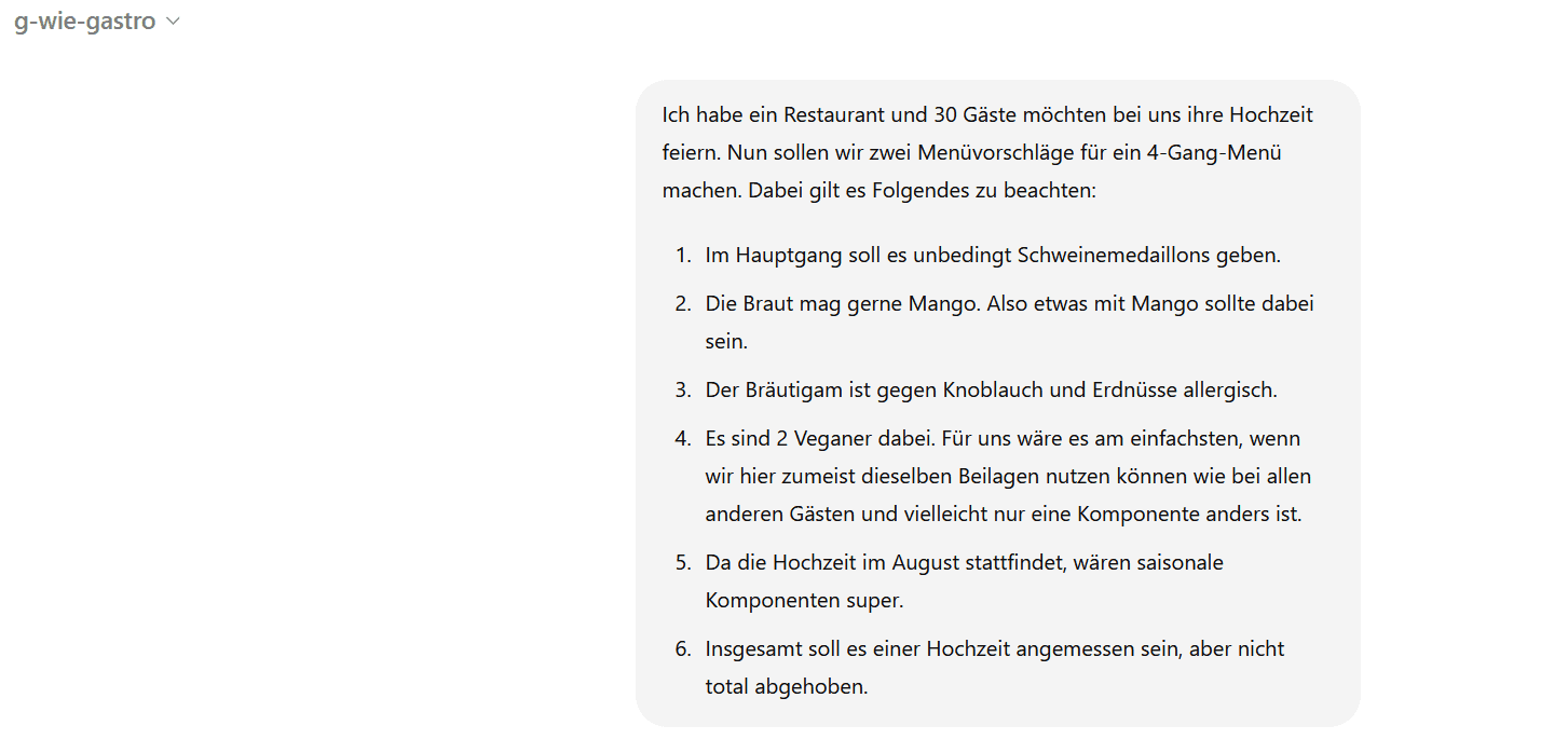 ChatGPT Prompt Hochzeitsmenü Eingabe