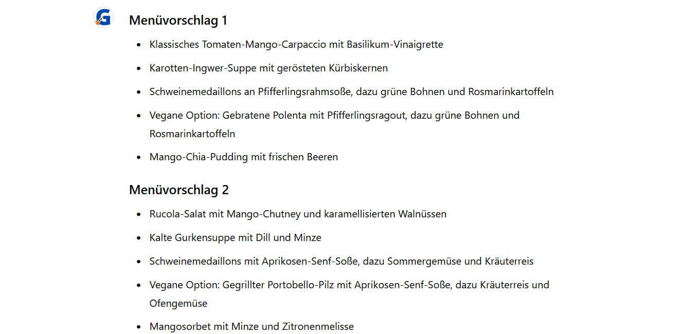ChatGPT Prompt Hochzeitsmenü Antwort