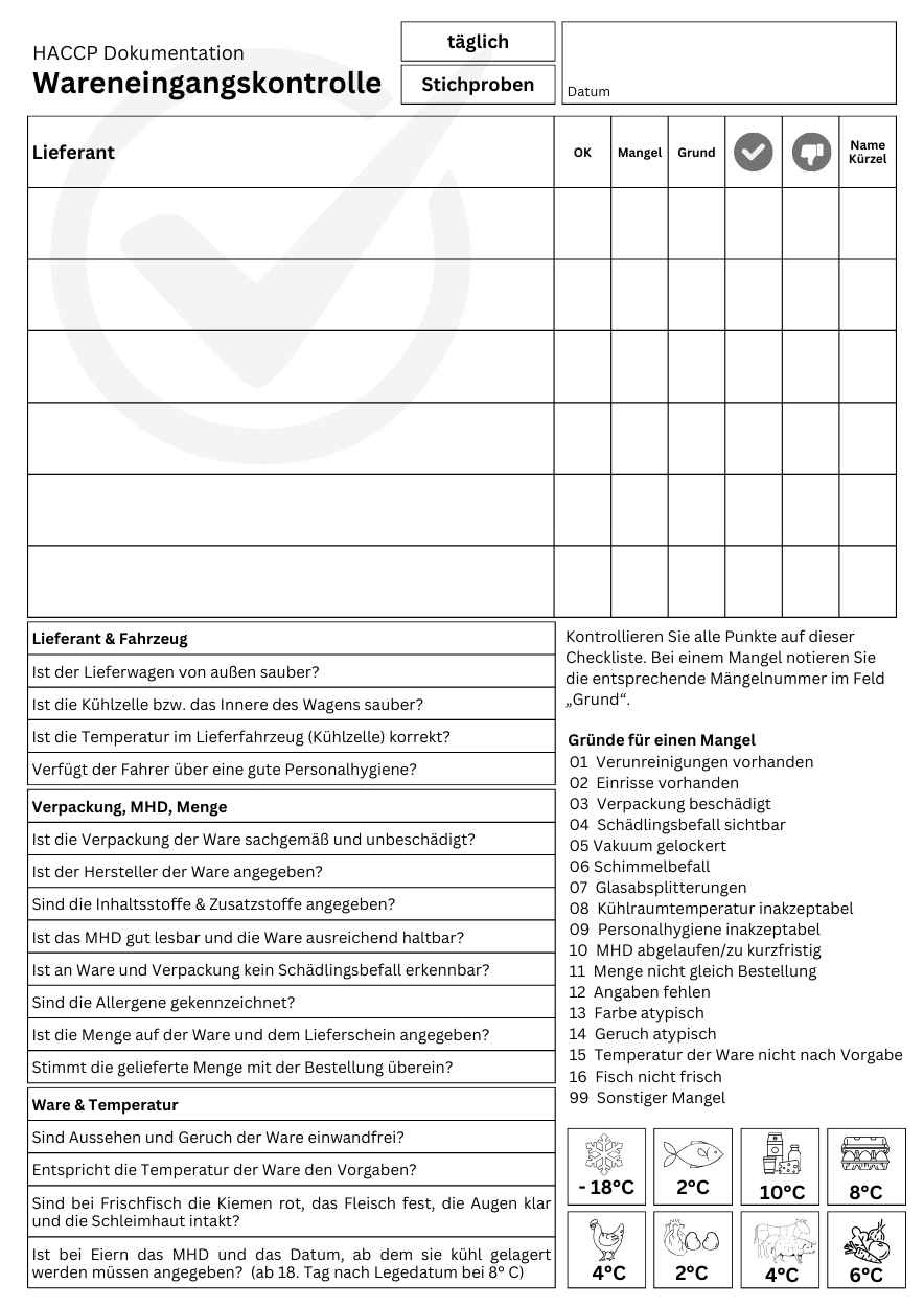 Wareneingangskontrolle-HACCP-Vordruck-Muster-Vorlage-Formular kostenlos-pro-Tag tageweise für bis zu 6 Lieferanten pro Tag