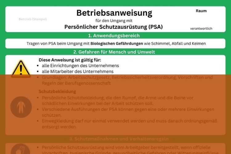 Download Betriebsanweisung Vorlage: PSA bei biologischen Gefahren wie Schimmel, Keimen, Abfall Muster kostenlos