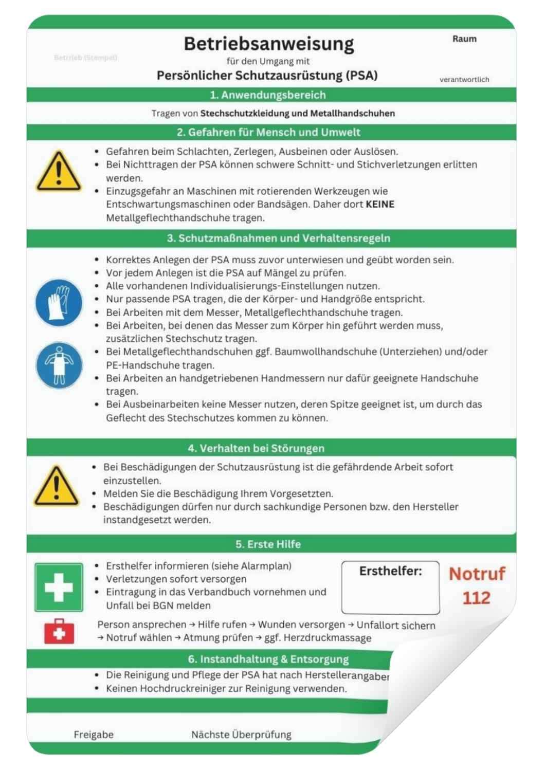 Download Betriebsanweisung Vorlage PSA Stechschutz und Metallhandschuhe
