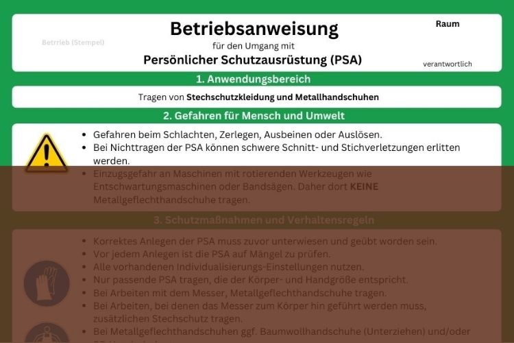 Downlod Betriebsanweisung Vorlage PSA Stechschutz und Metallhandschuhe - kostenloses Muster