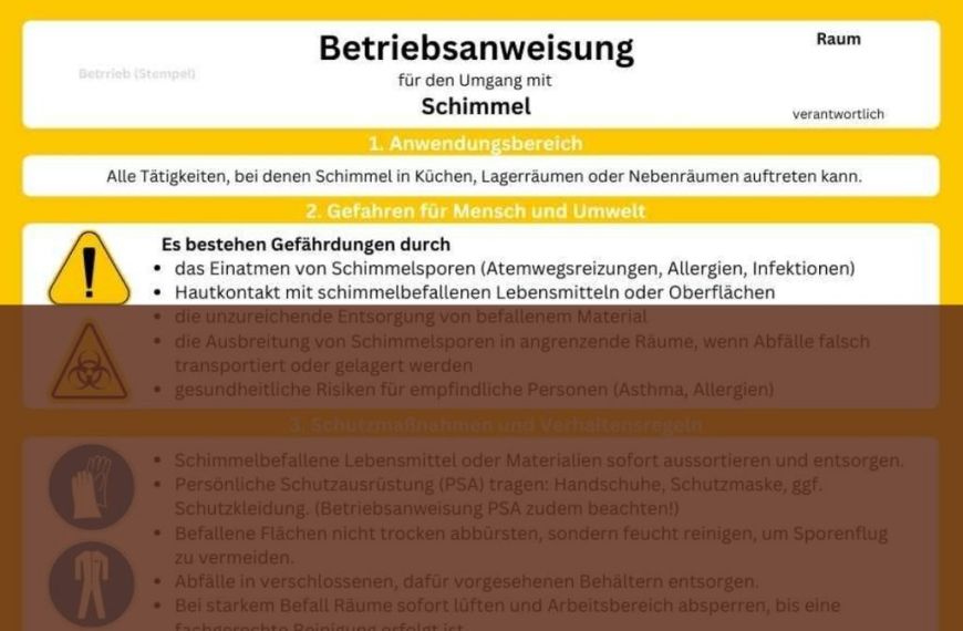 Download Betriebsanweisung Vorlage für den Umgang mit Schimmel als biologische Gefahr - kostenloses Muster