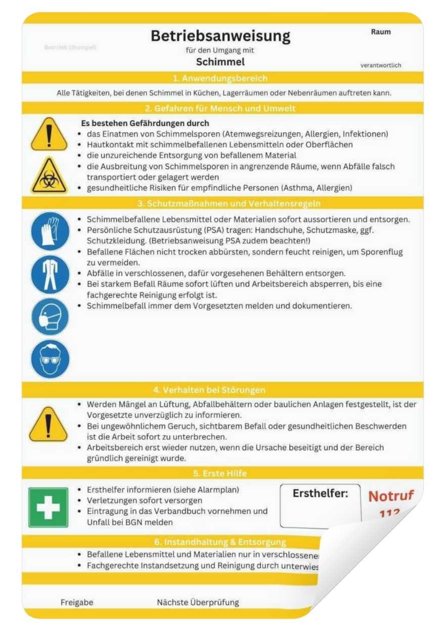 Download: Betriebsanweisung Vorlage Schimmel und wie man damit umgeht.