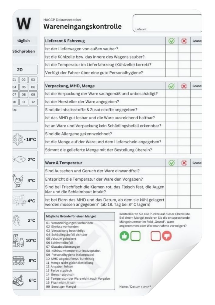 PDF-Vorlage zum kostenlosen Download: HACCP-Checkliste Wareneingangskontrolle: Einzelkontrolle pro Lieferant und Lieferung mit Prüfpunkten zu Hygiene, Temperatur, Verpackung, MHD und Mengenabgleich