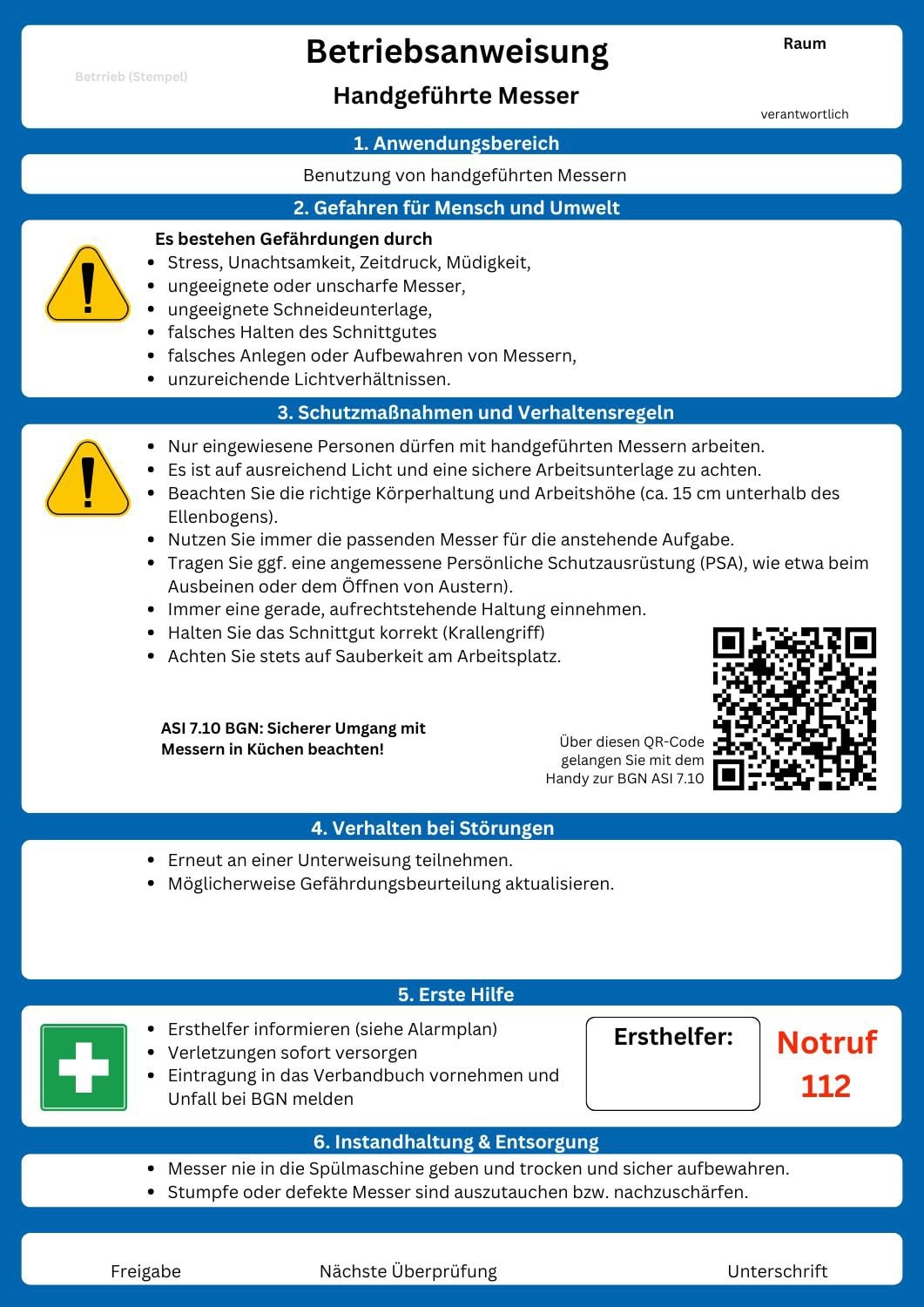 Download Betriebsanweisung: Umgang mit handgeführten Messern