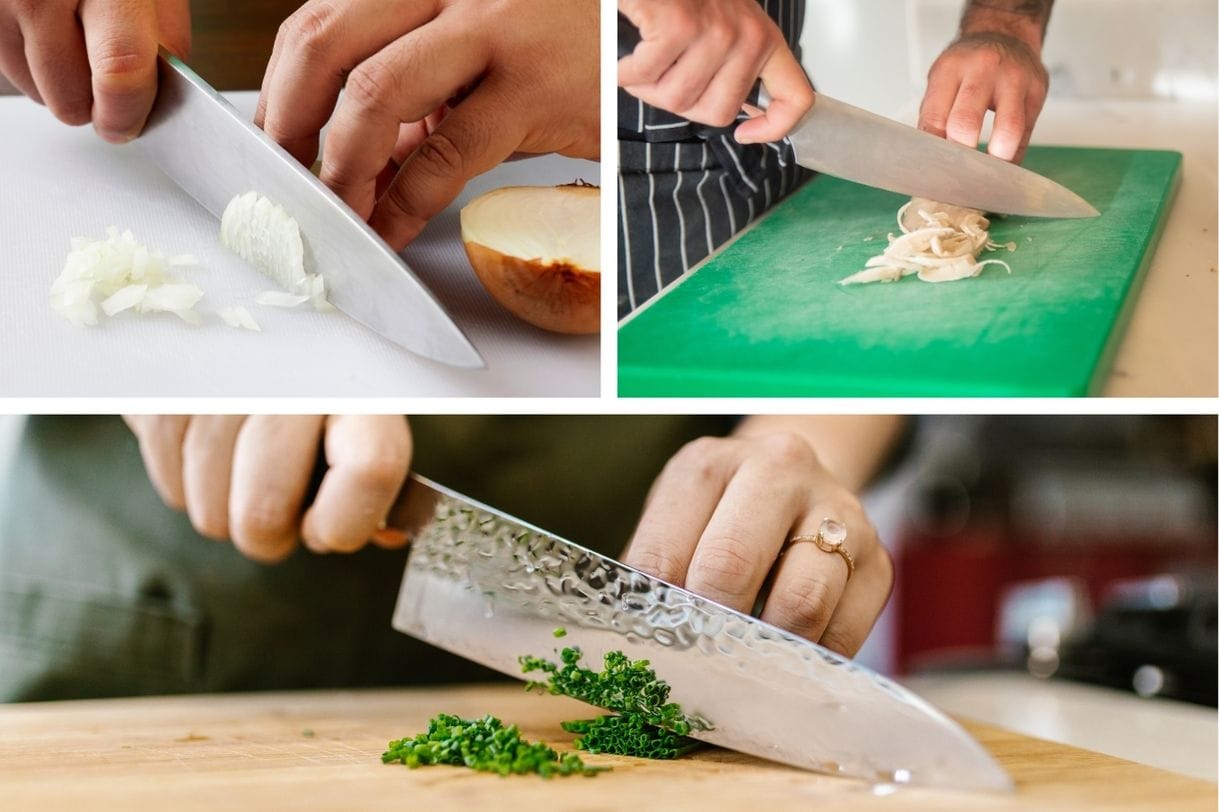 Der Krallengriff beim Schneiden, gezeigt an 3 Bildern die Köche beim Schneiden zeigen mit Krallengriff
