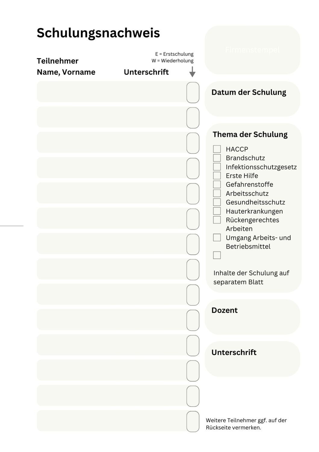 Download Schulungsnachweis Pflichtschulungen mit Themenauswahl
